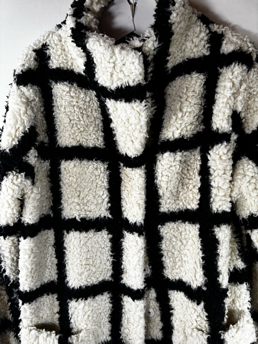 Reformation Bromley Teddy Sherpa Coat Black White Grid Plaid Long Jacket Size S - Picture 5 of 16